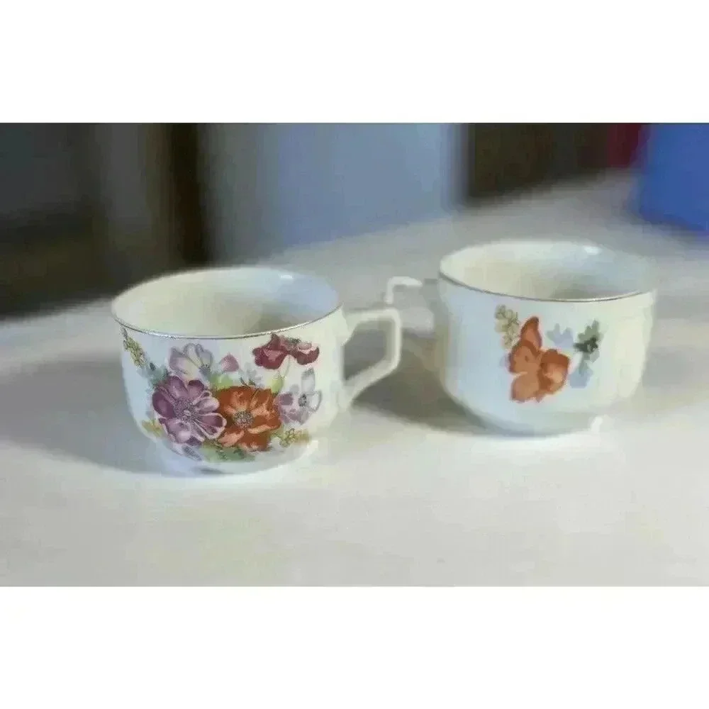 Occupied Japan pair demitasse Cups floral decal bouquet